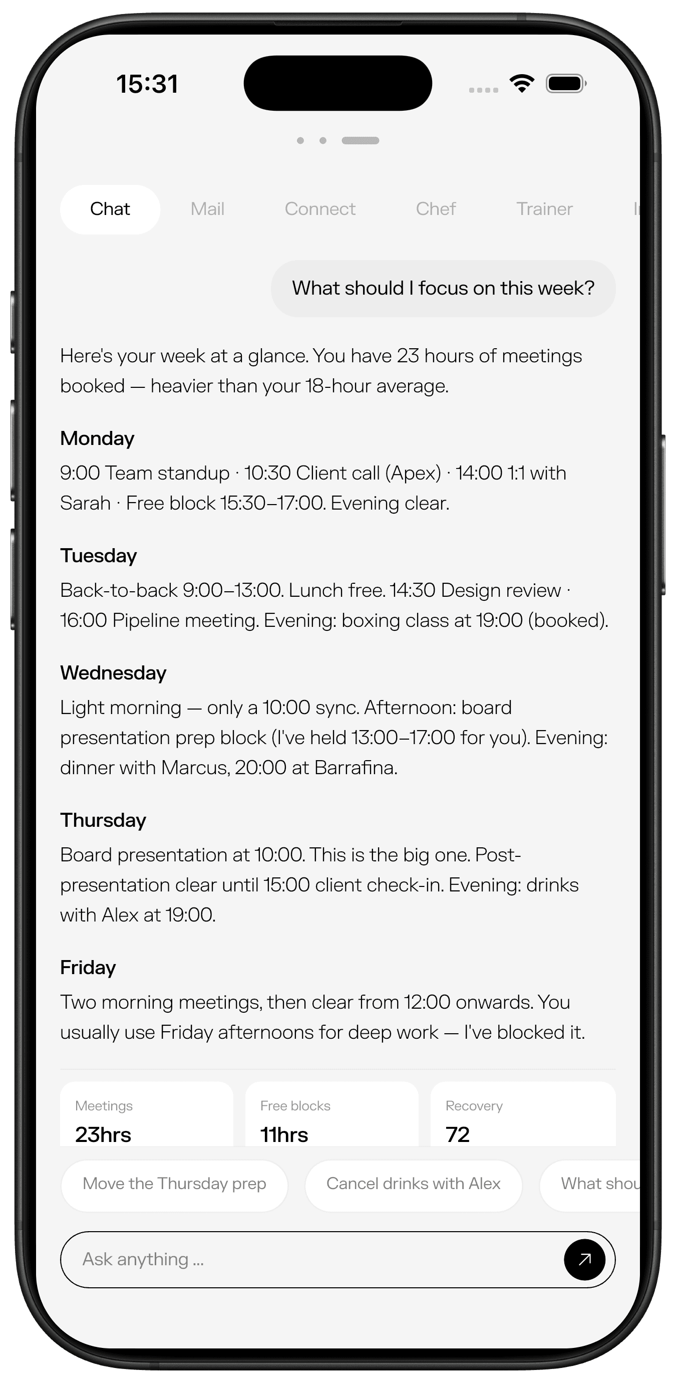 moccet chat interface showing weekly schedule